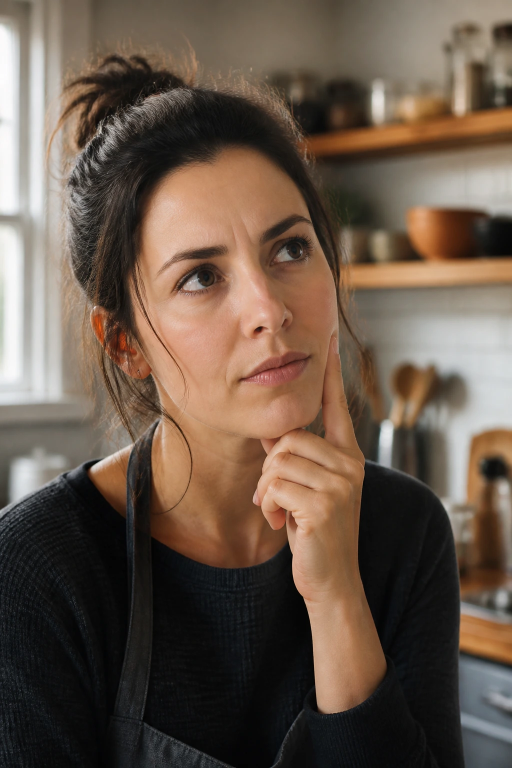 Portrait of a real person in a kitchen with thoughtful expression