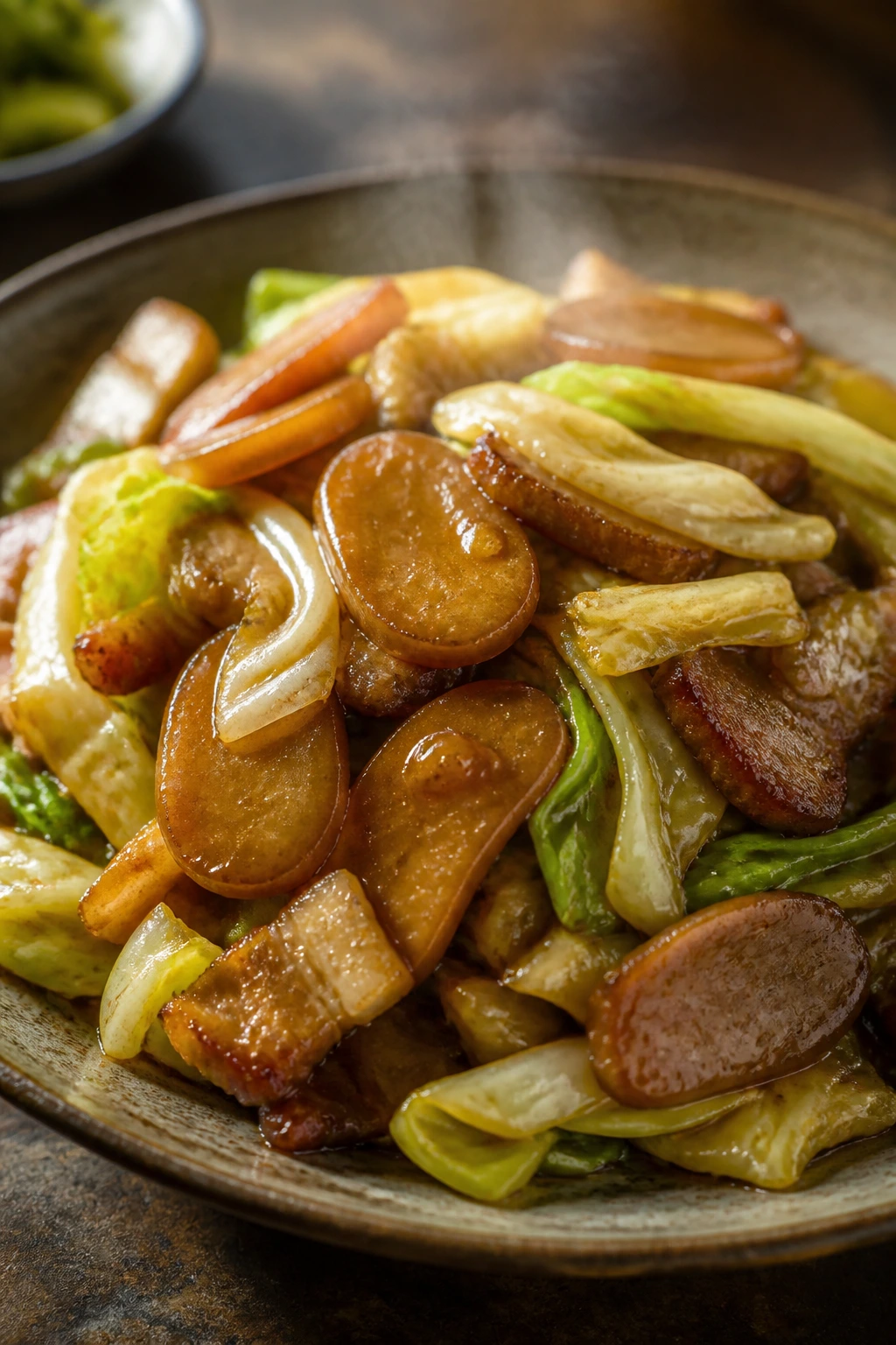 Close-up of glossy stir-fried nian gao with pork and cabbage in soy glaze