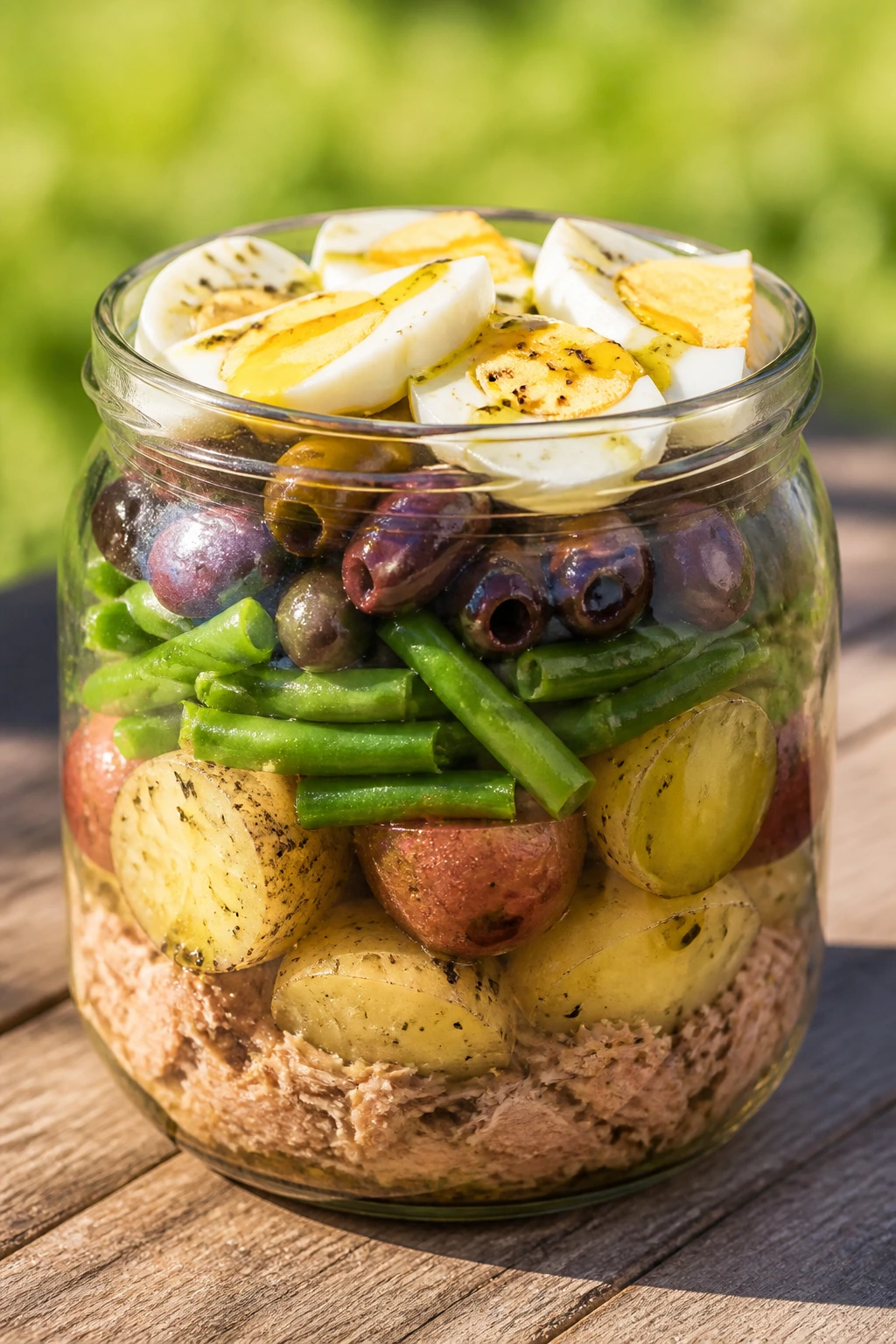 Close-up of Niçoise Picnic Jar showing tuna, potatoes, and green beans on rustic outdoor table