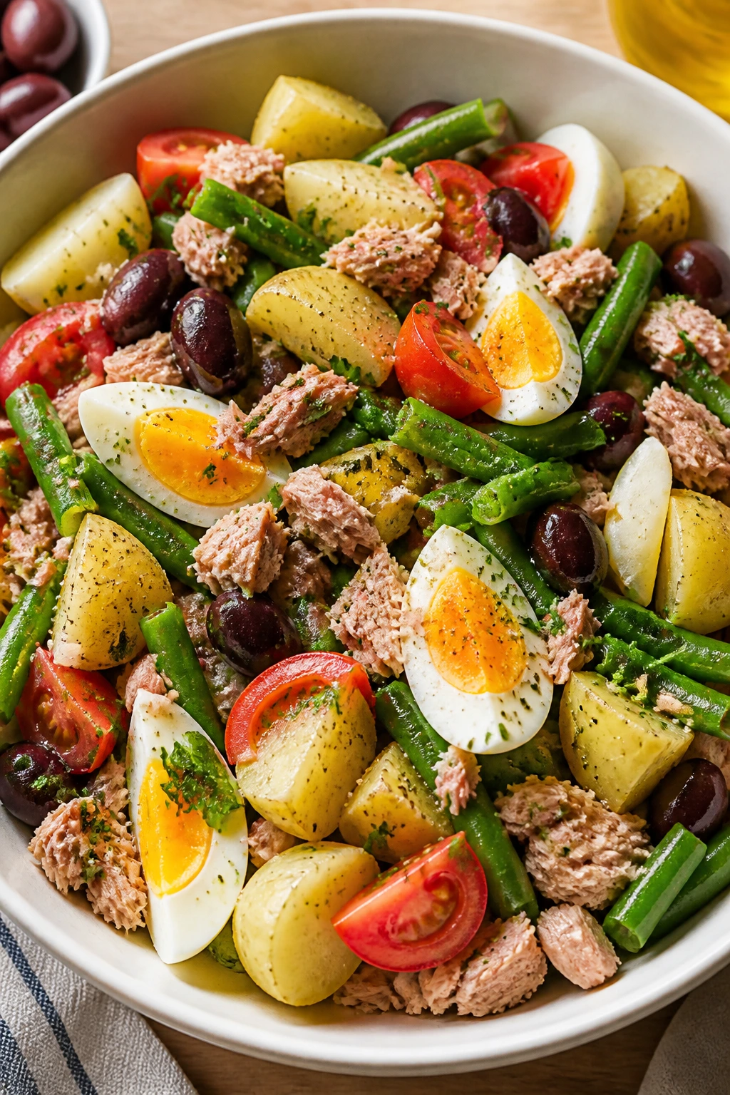 Top-down view of Nicoise-inspired potato salad with potatoes, tuna, eggs, green beans, olives