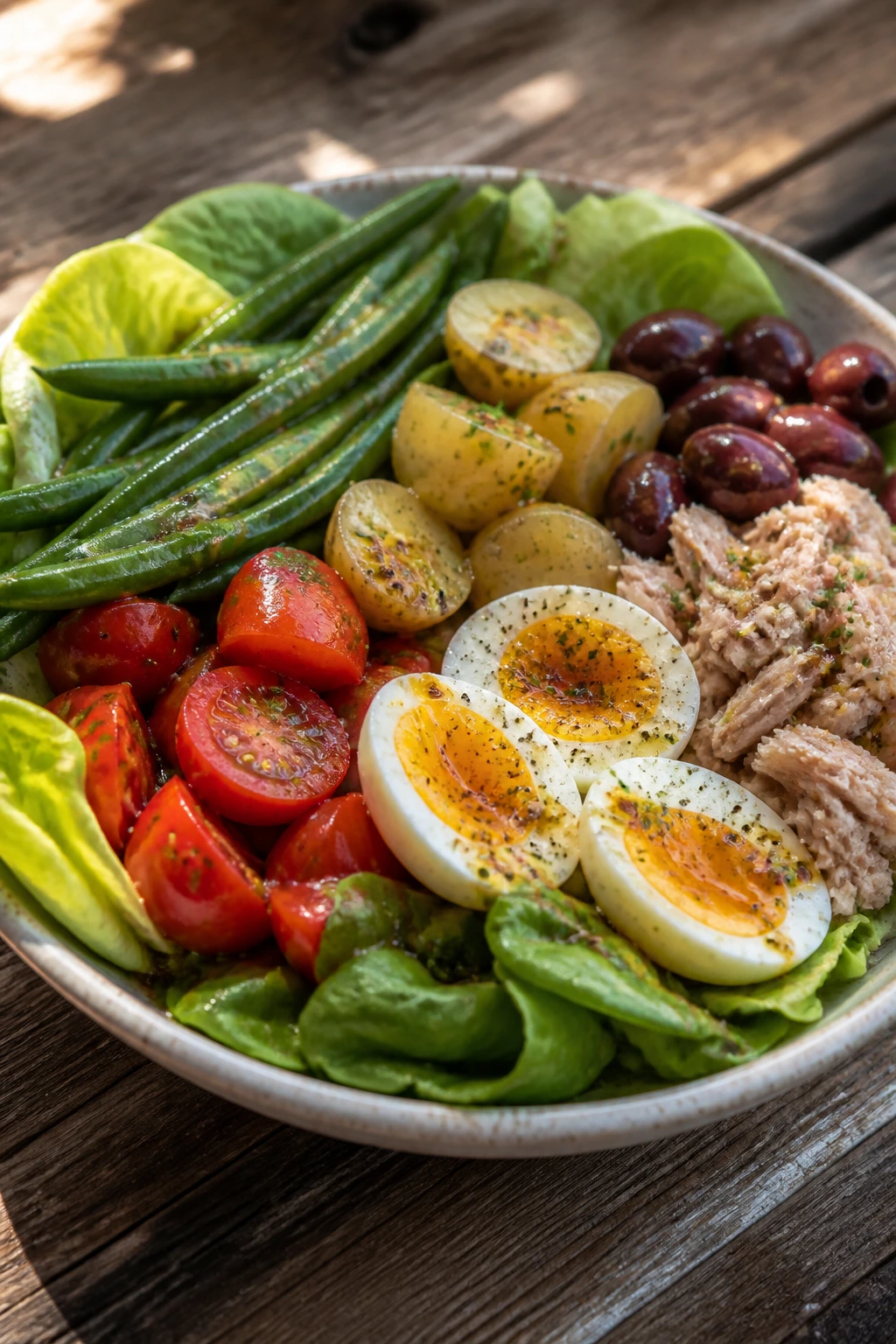 Close-up of Niçoise Salad with Green Beans and Potatoes on a plate with tuna, olives and eggs