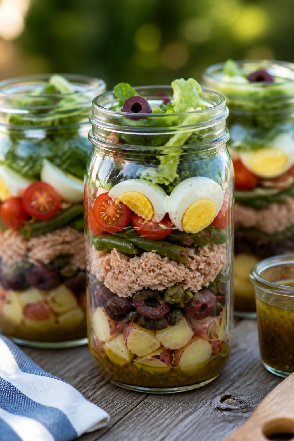 Niçoise salad jars layered for picnic packing