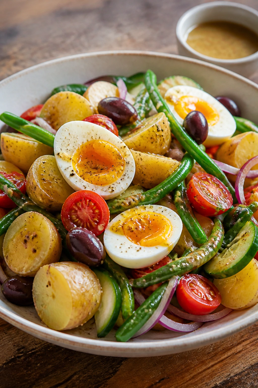 Close-up of Niçoise-inspired vegetable salad with potatoes, green beans, eggs, olives on plate