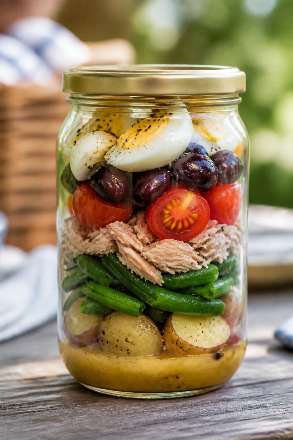 Layered Nicoise-style salad jar for picnic