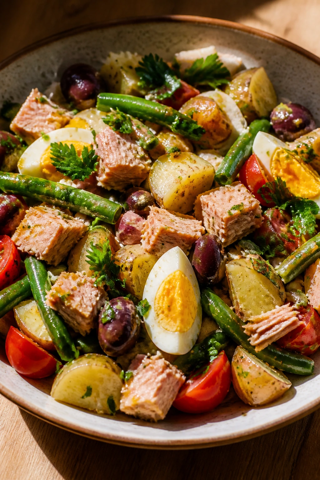 Close-up Niçoise-style tuna potato salad with potatoes, green beans, eggs, and olives in a wooden bowl