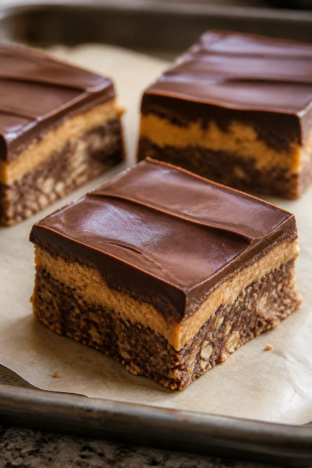 Close-up of chocolate peanut butter no-bake bars on parchment