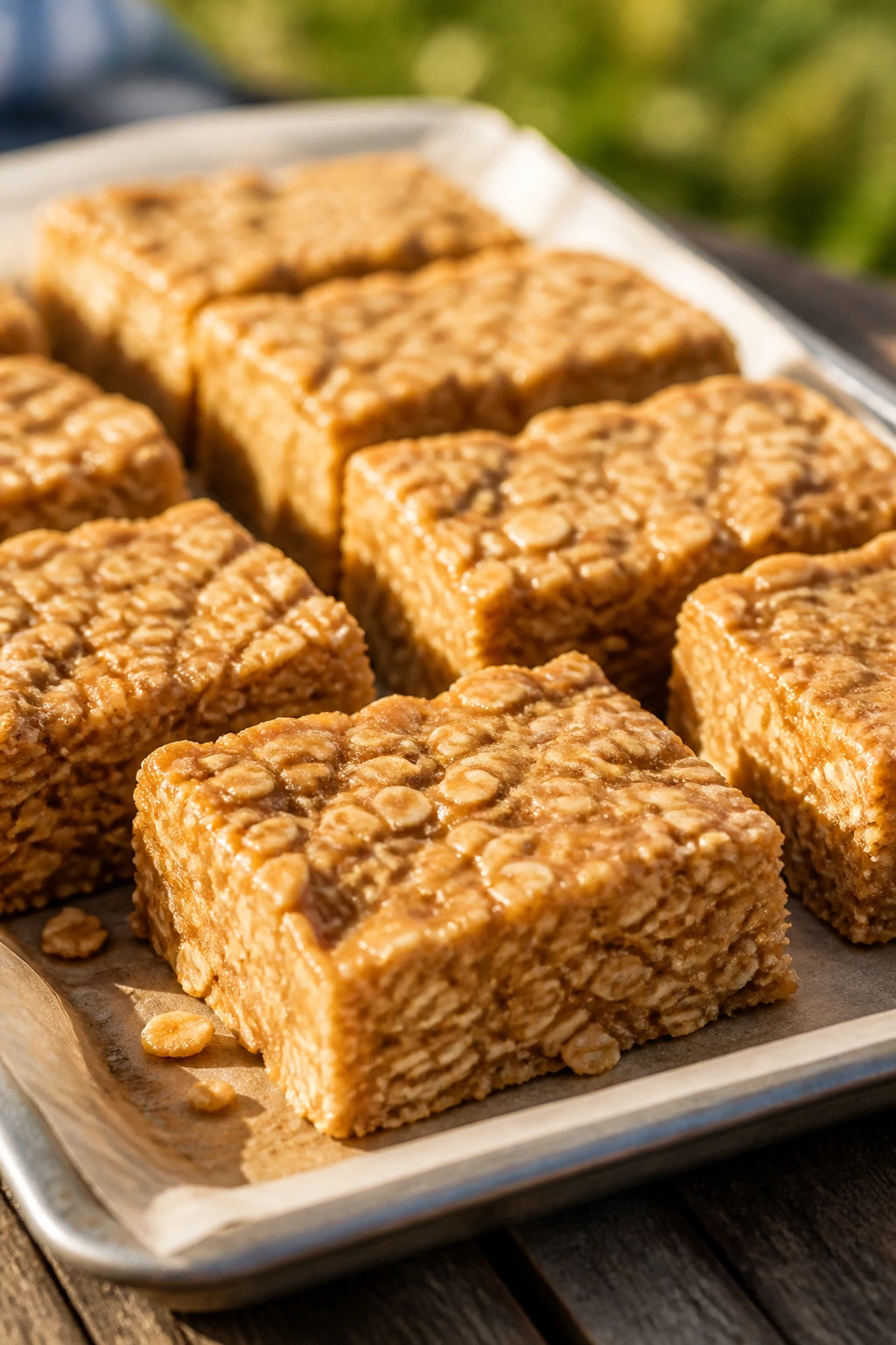 Close-up of no-bake peanut butter oat bars on parchment