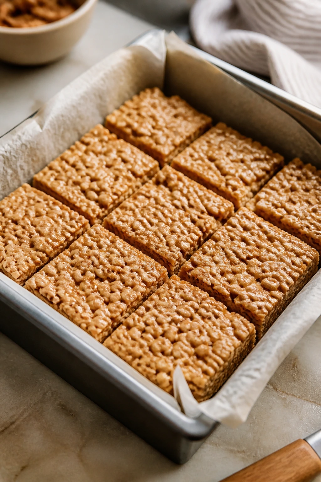No-bake peanut butter cereal bars cut into squares