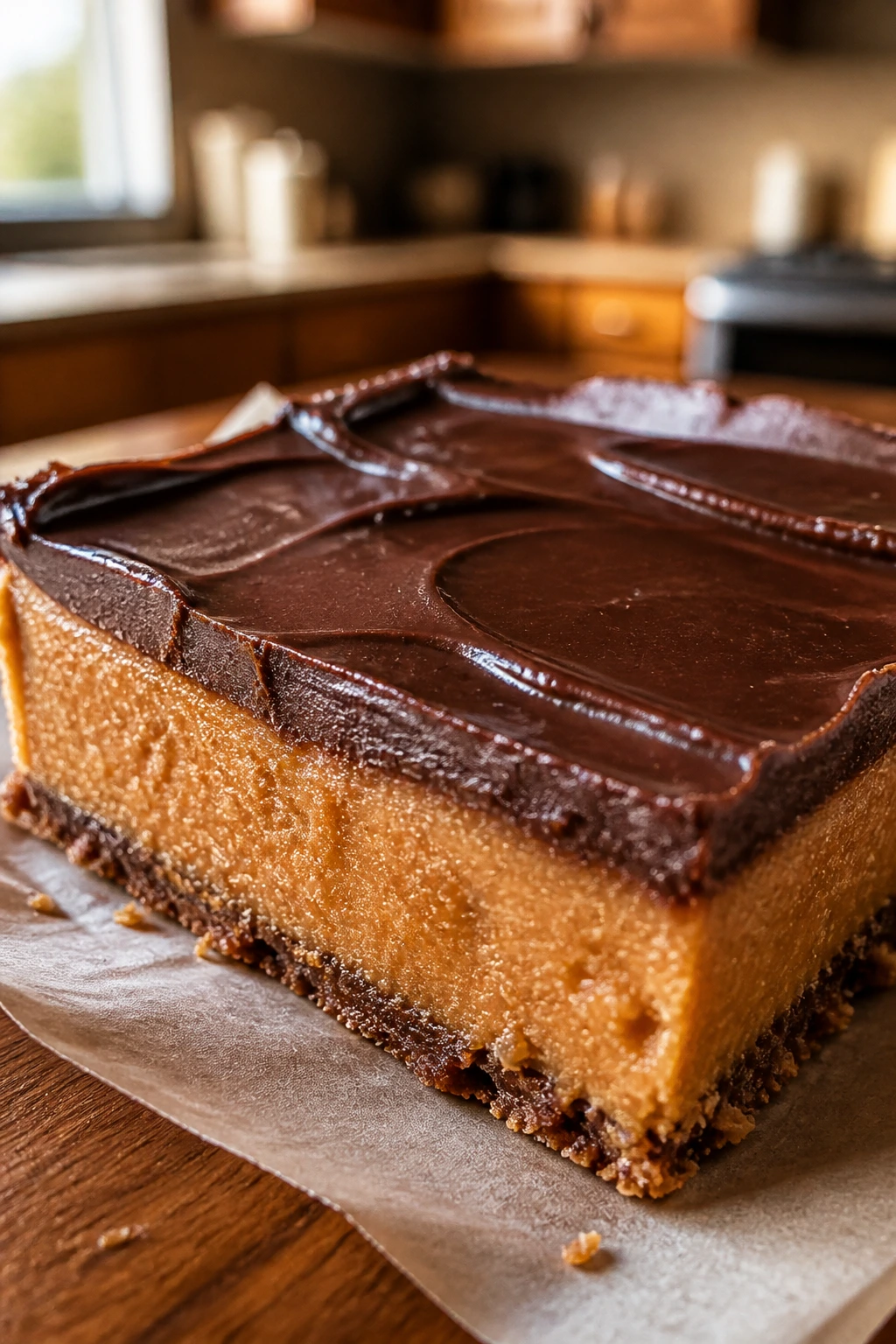 Close-up of a glossy no-bake peanut butter chocolate bar on parchment in a warm kitchen
