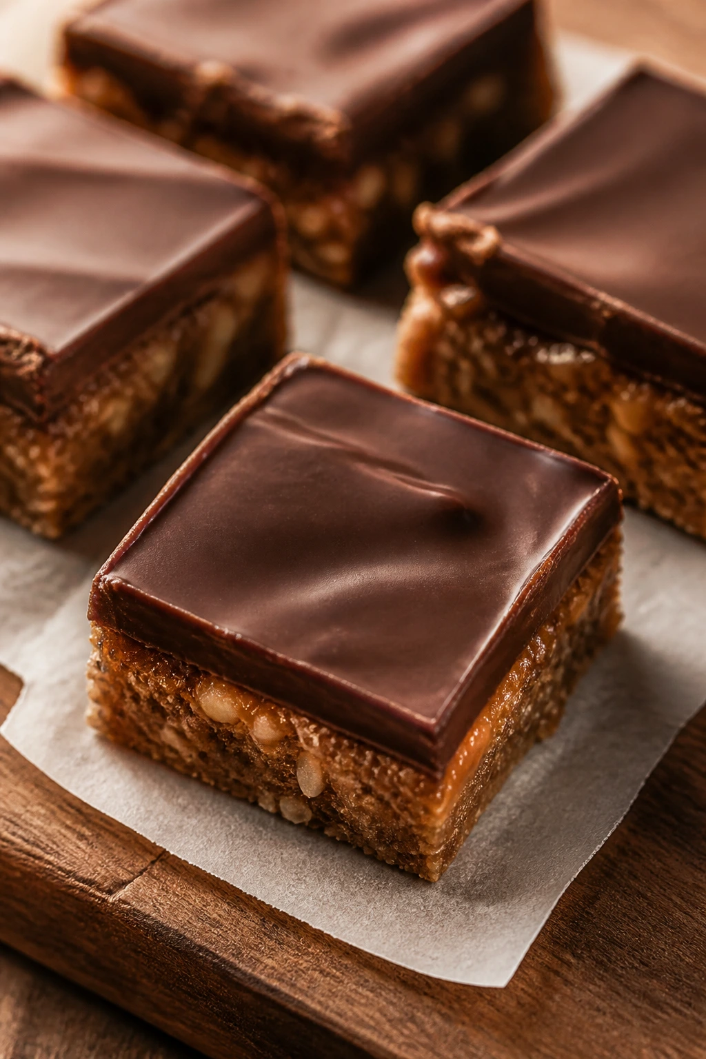 Close-up of a chocolate peanut butter no-bake bar on parchment.