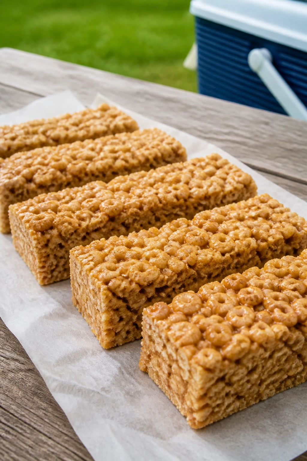 Close-up of no-bake cereal bars on parchment at a picnic