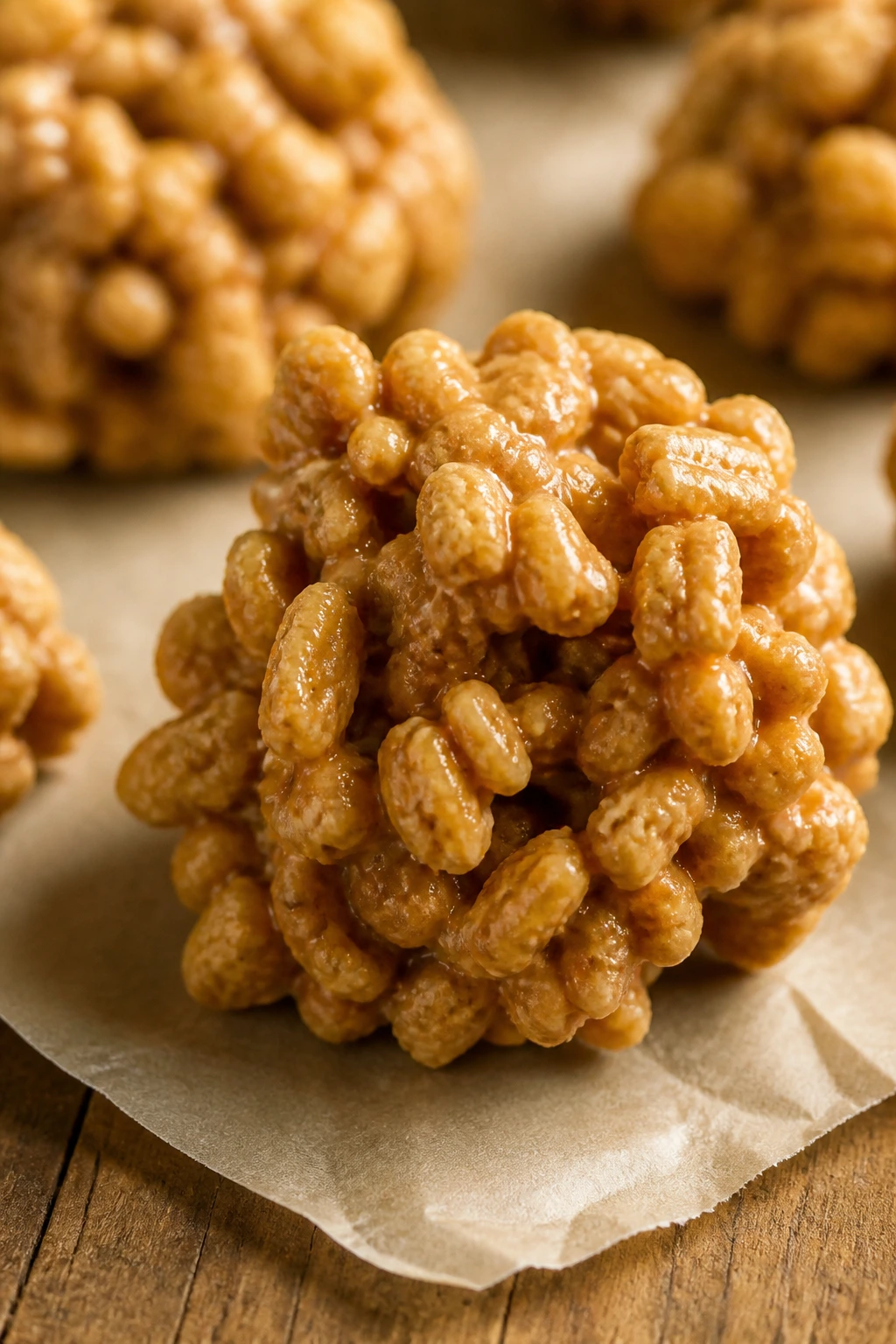 Close-up of no-bake cereal cluster on parchment