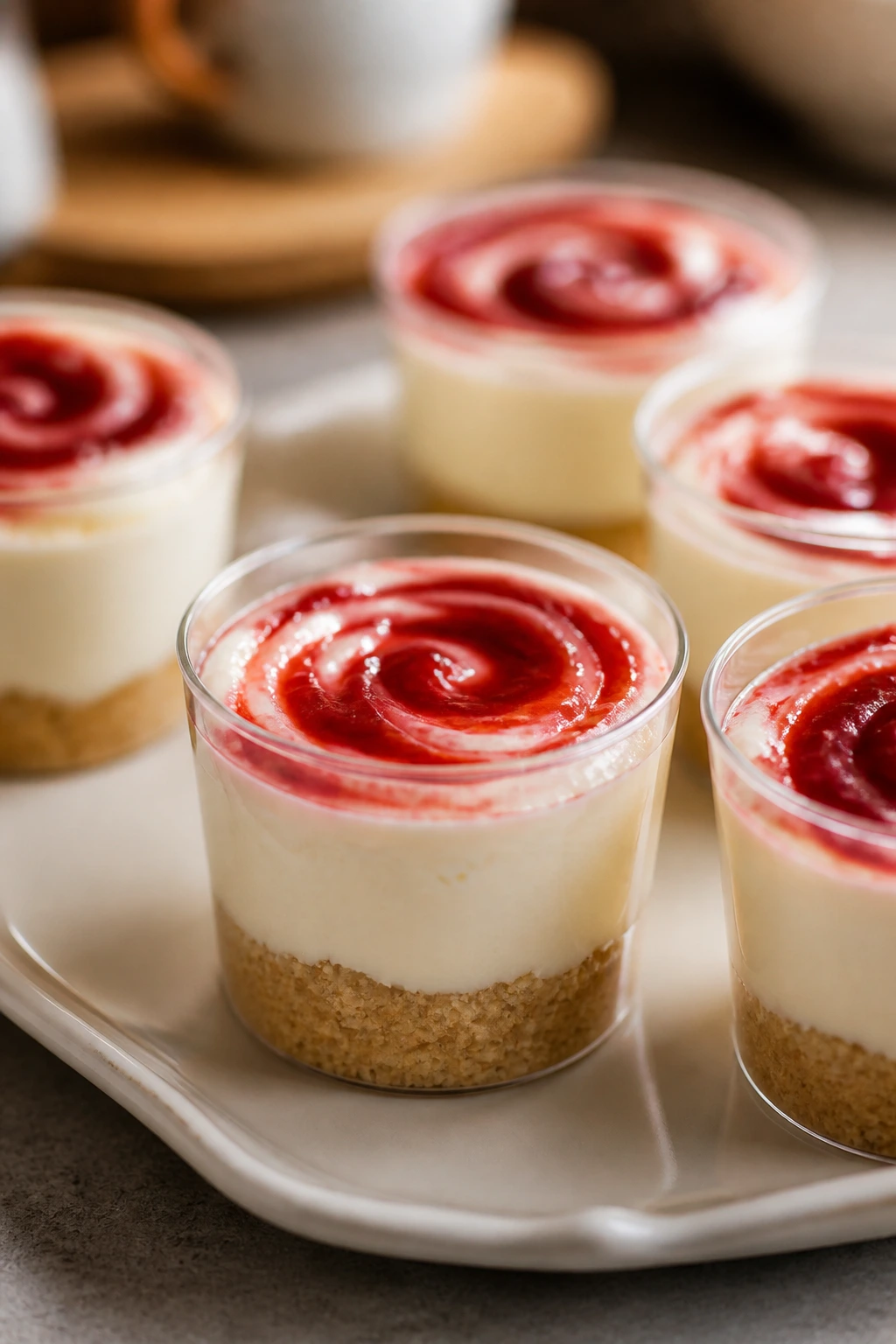 No-bake cheesecake cups with crumb crust and jam swirl