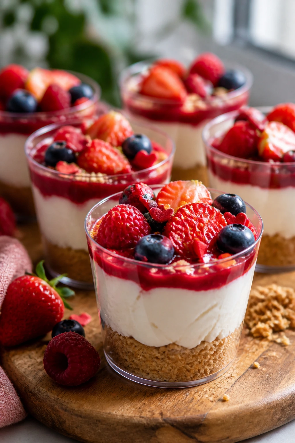 No bake cheesecake cups with layered filling and berry topping in clear cups