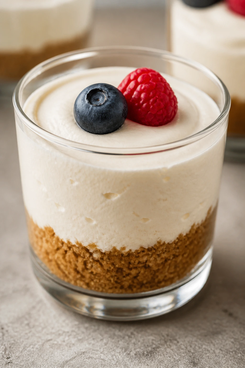 No-bake cheesecake cup with crust, filling, and berry