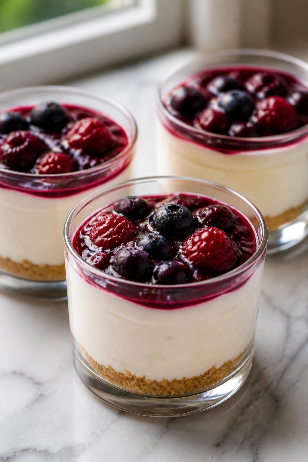 Close-up of no-bake cheesecake cups with berry topping in clear glasses