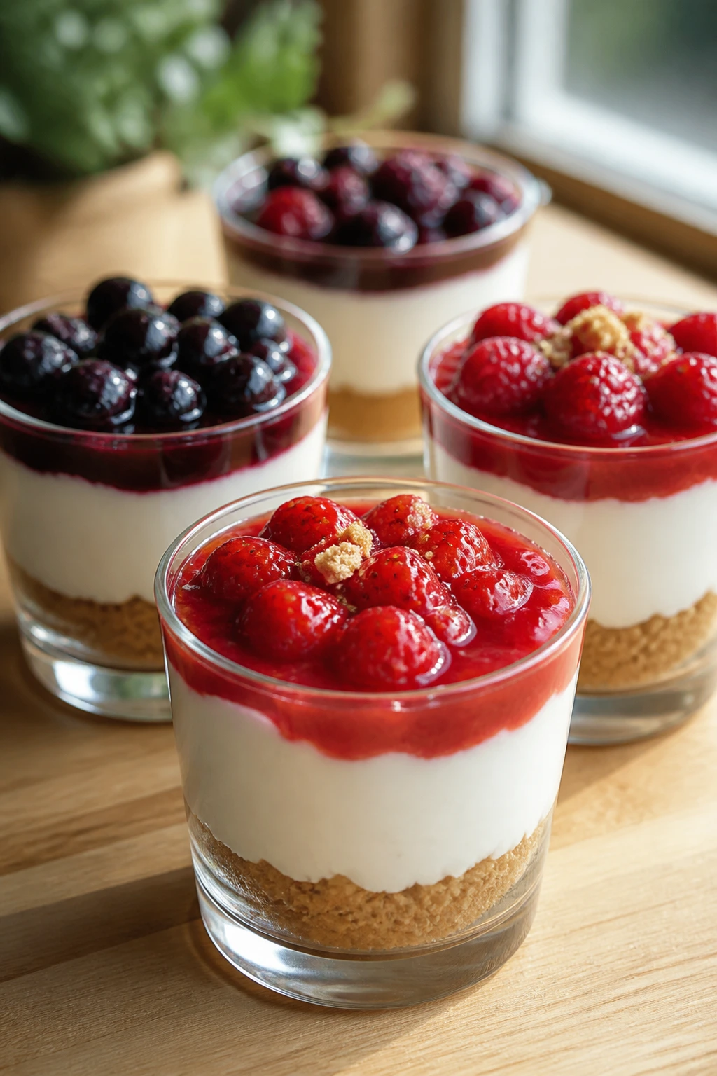Close-up of four no-bake cheesecake cups with crust and berry topping on a wooden counter