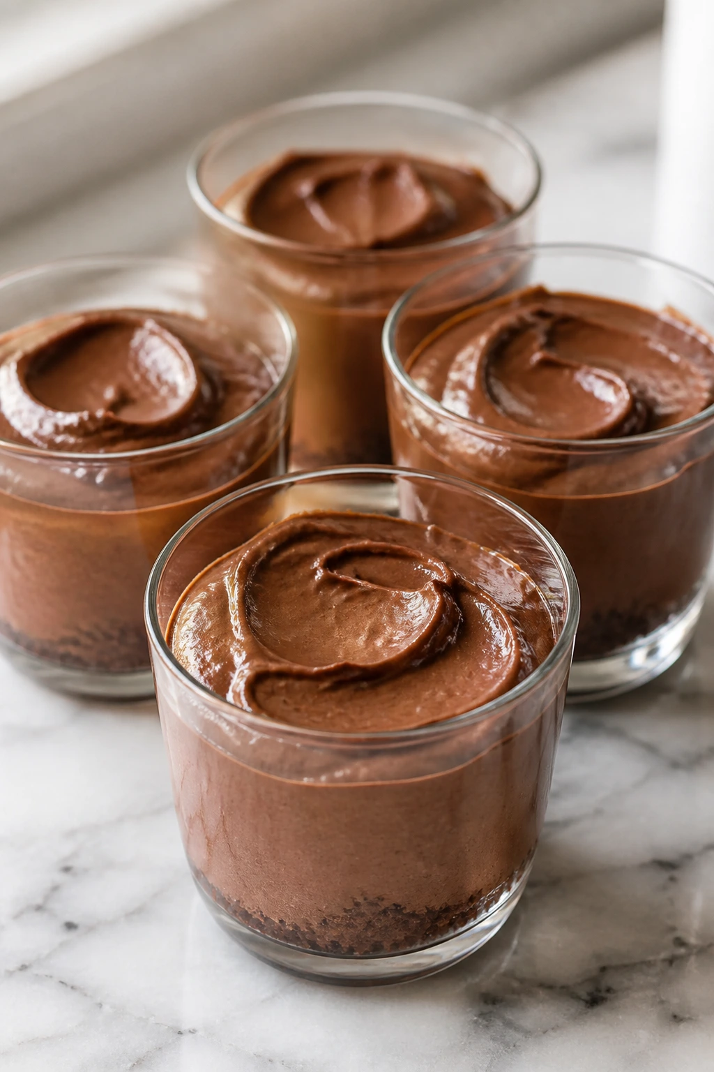 No-bake chocolate cheesecake cups in clear cups on a marble surface.