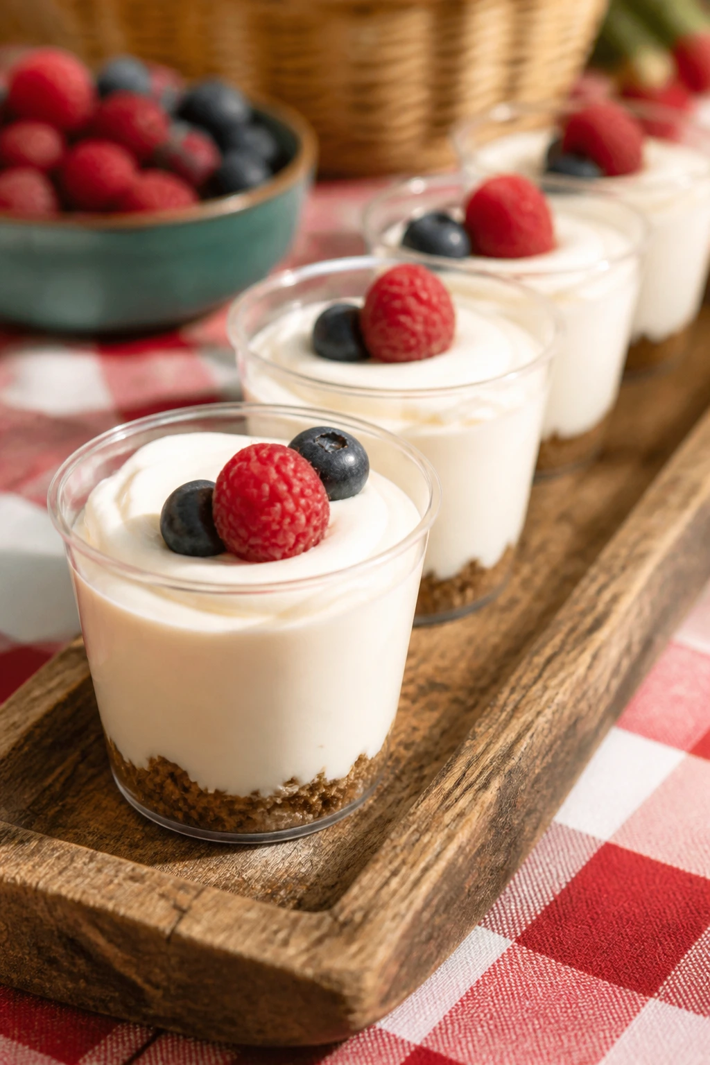 Close-up of no-bake cheesecake cups arranged on a rustic tray