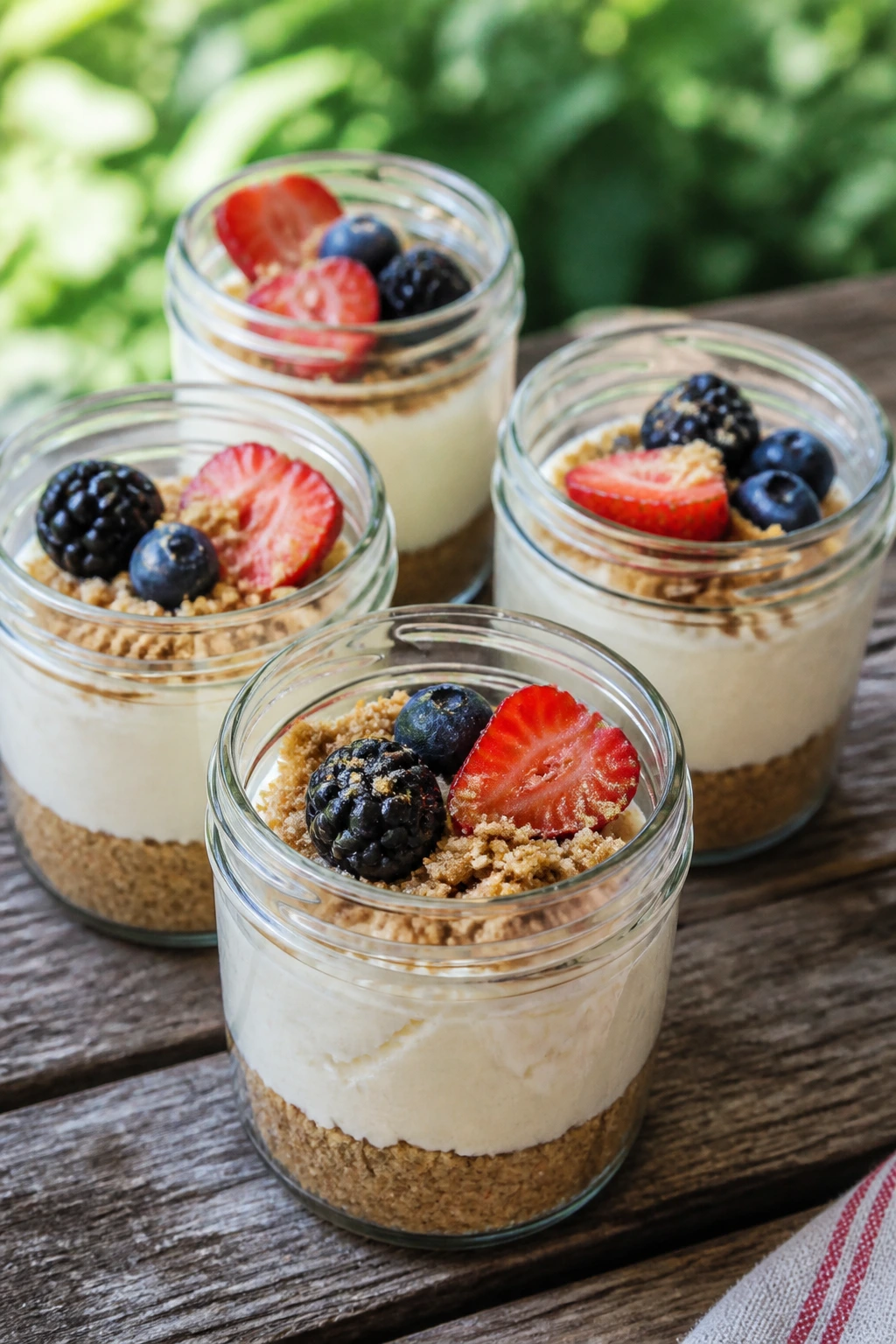 No-Bake Cheesecake Jars with Graham Cracker Crumble on a picnic table