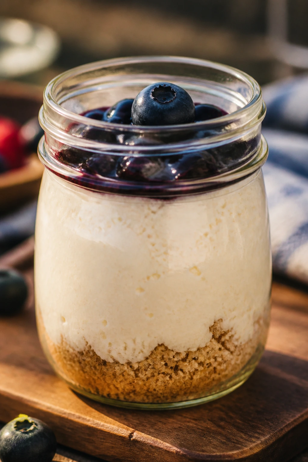 Close-up of no-bake cheesecake jar with crumb crust and berry on a rustic board.