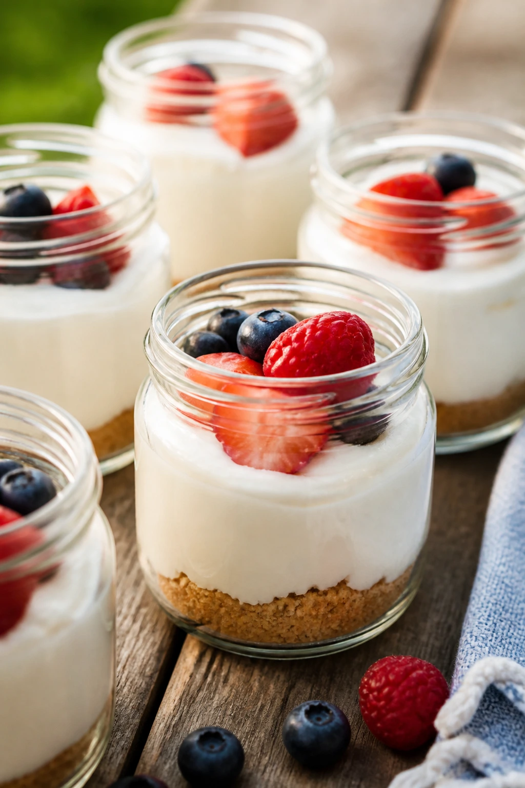 No-bake cheesecake jars on a picnic table