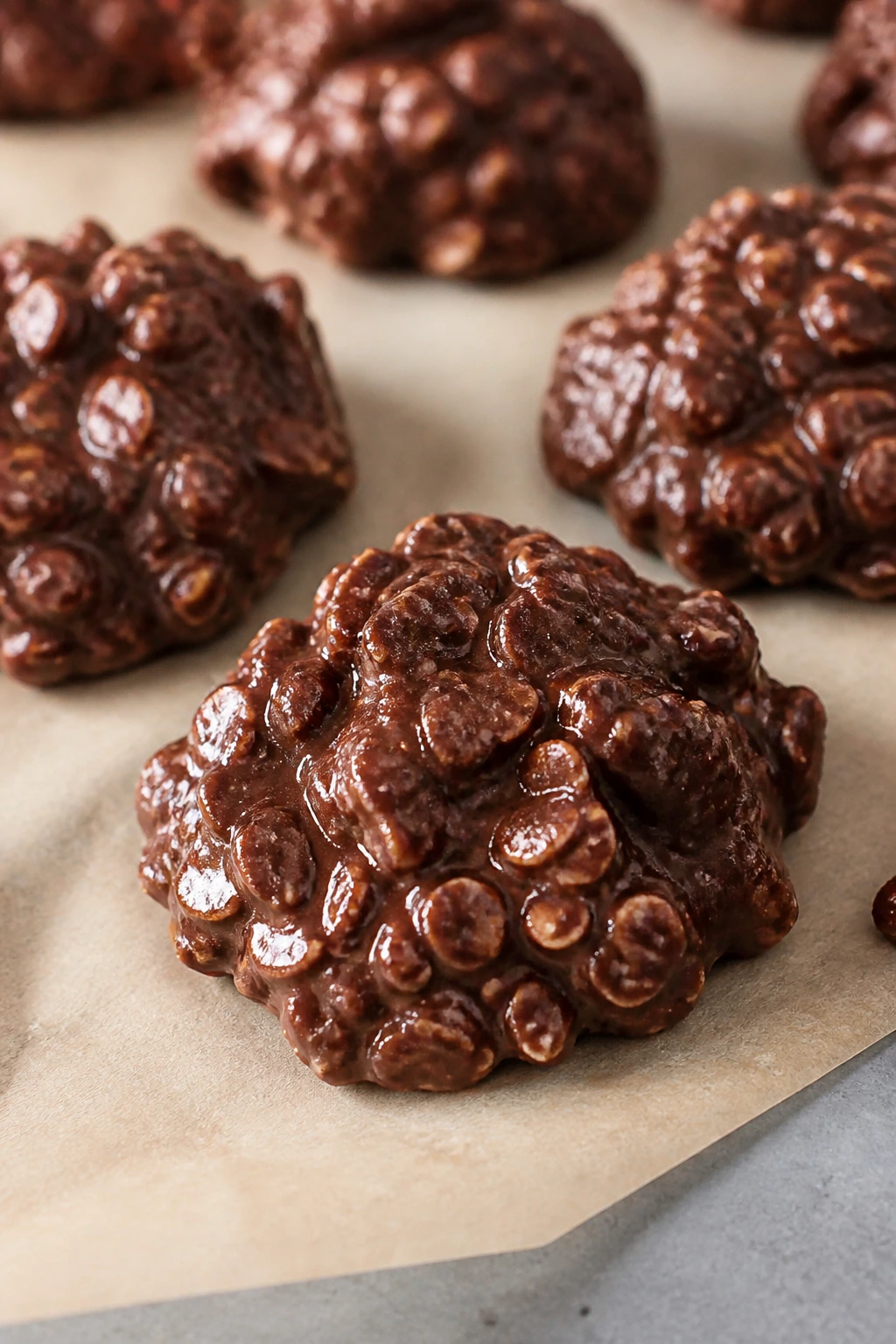 Close-up of no-bake cocoa oatmeal cookies on parchment