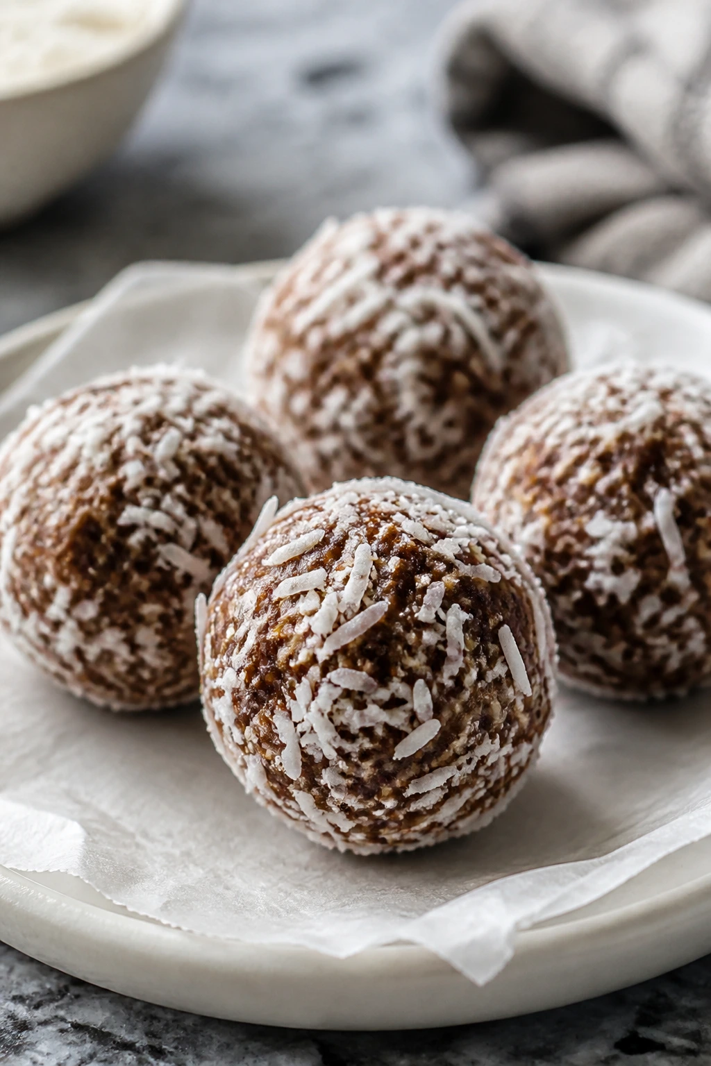 No-bake coconut chocolate oat balls on parchment