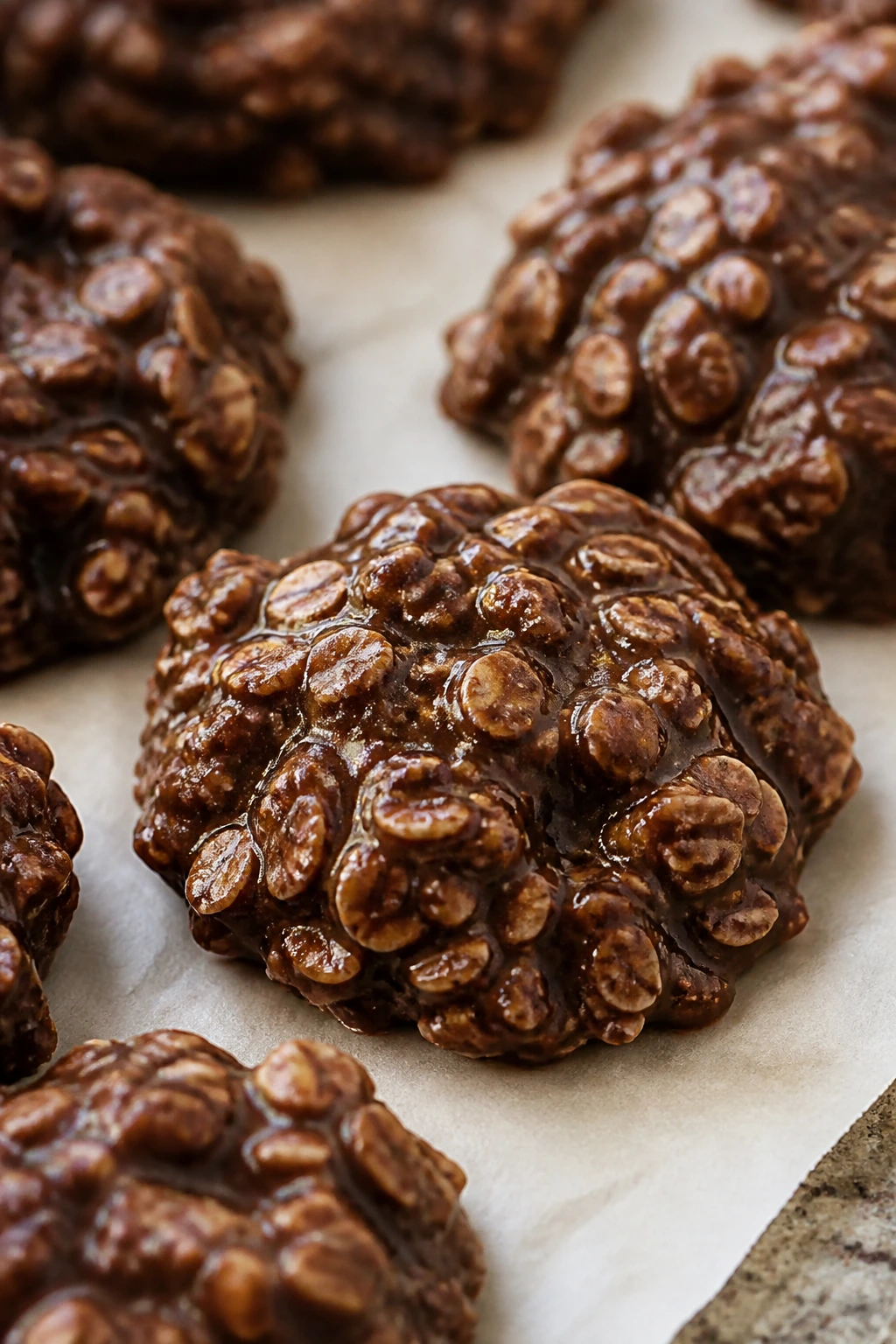 Close-up of cocoa oatmeal no-bake cookies on parchment with chewy texture.