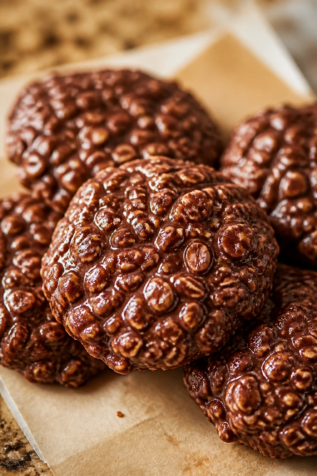 No-bake chocolate oat cookies on parchment in a warm kitchen.