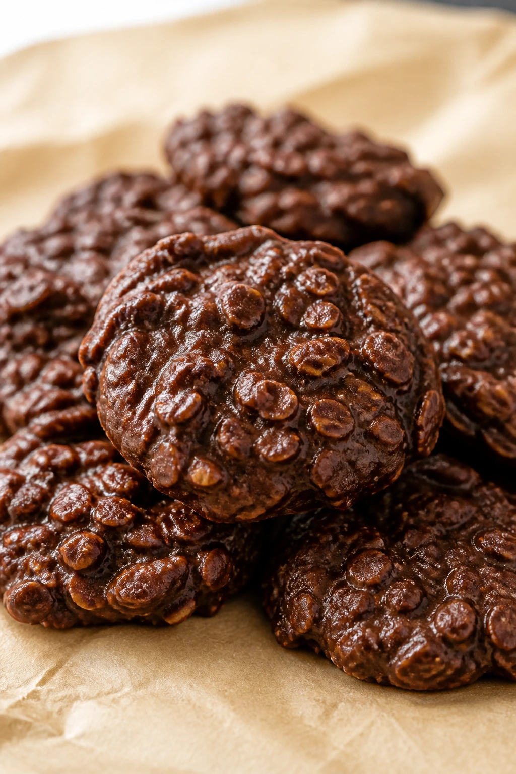 Close-up of no-bake chocolate oat cookies cooling on parchment in a warm kitchen