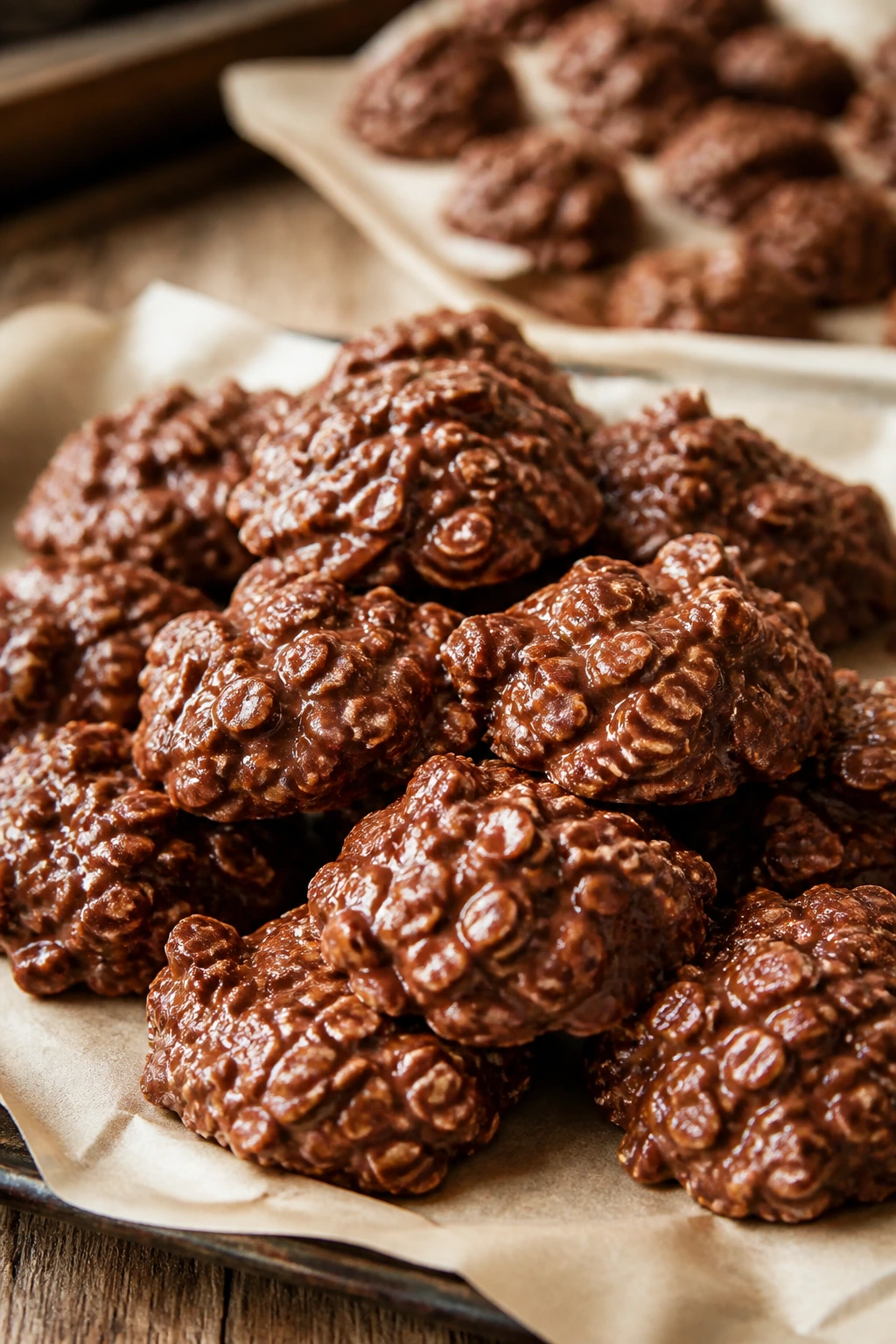 Close-up of fudgy No-Bake Cocoa Oat Cookies on parchment in a rustic kitchen