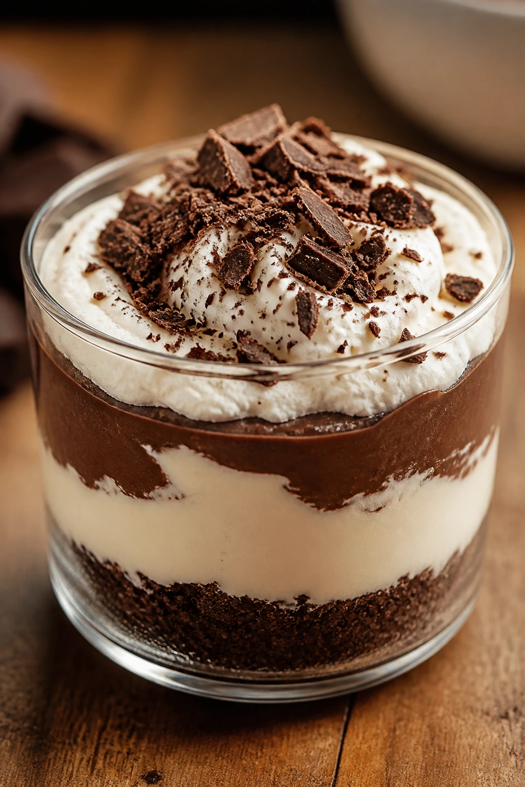 No-bake layered dessert in a glass cup