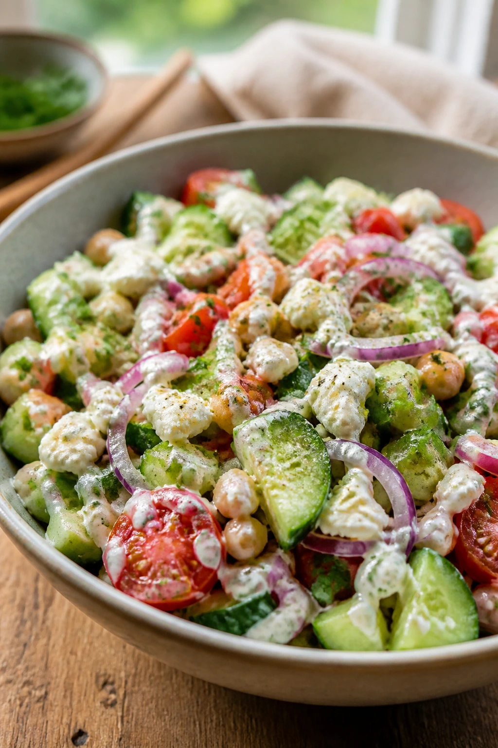 Close-up of a vibrant no-bake dinner bowl with vegetables on a wooden table in a bright kitchen