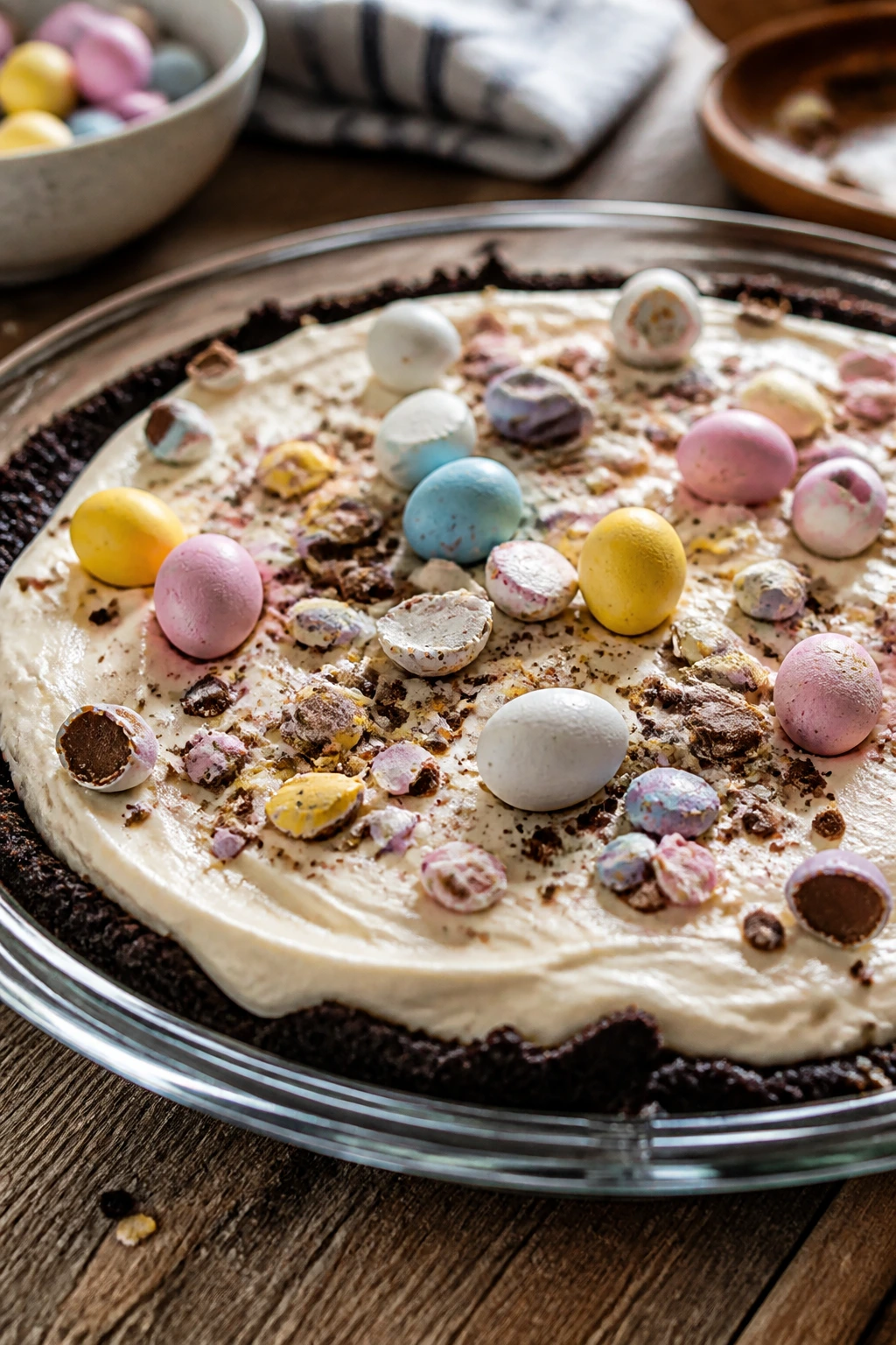Creamy no-bake Easter candy pie in a glass dish on a wooden table