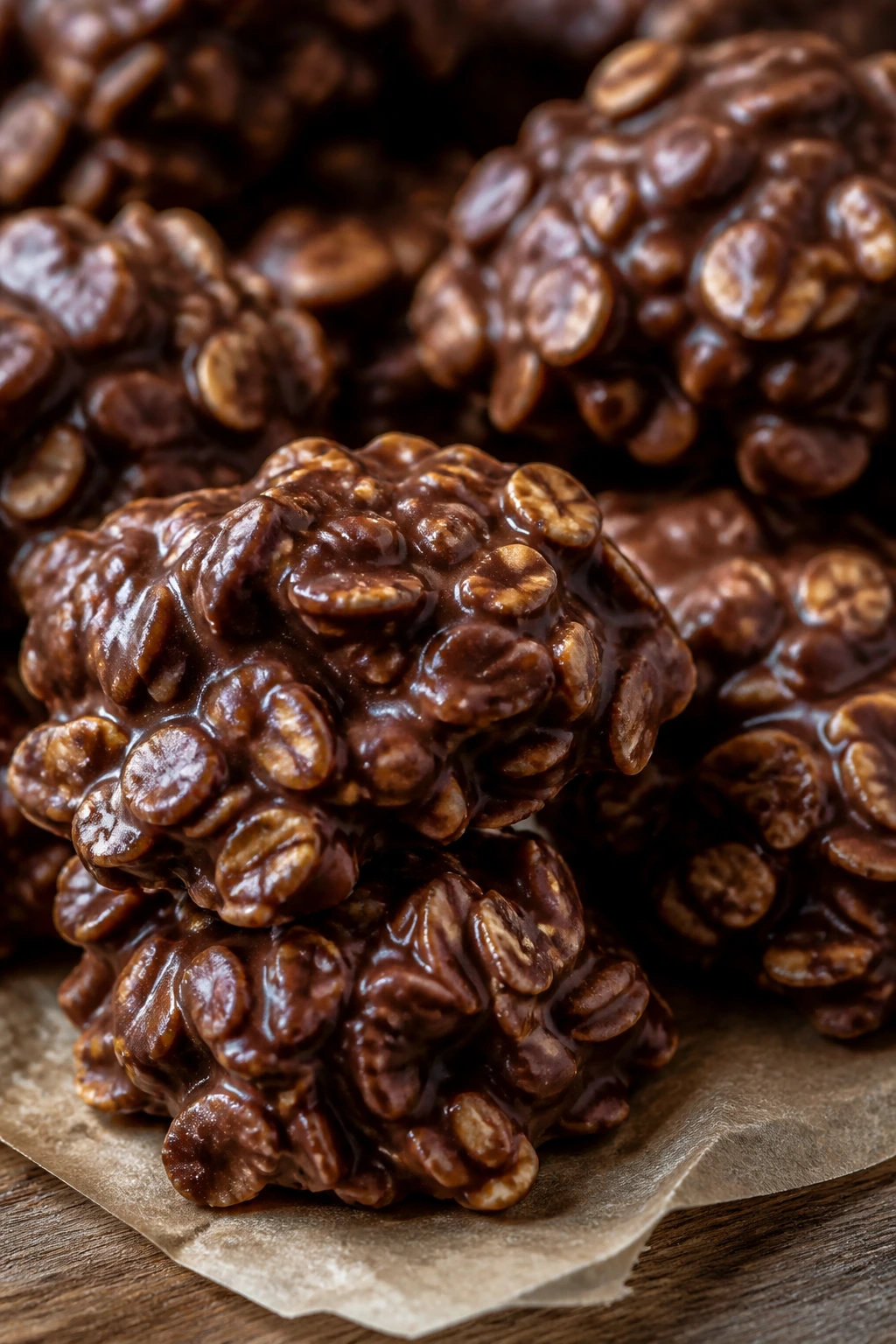Close-up of glossy chocolate peanut butter no-bake oat clusters on parchment