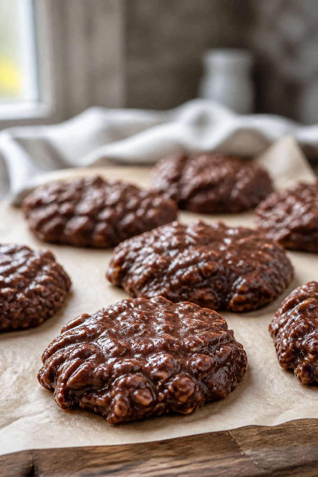 Glossy no-bake chocolate oatmeal cookies on parchment