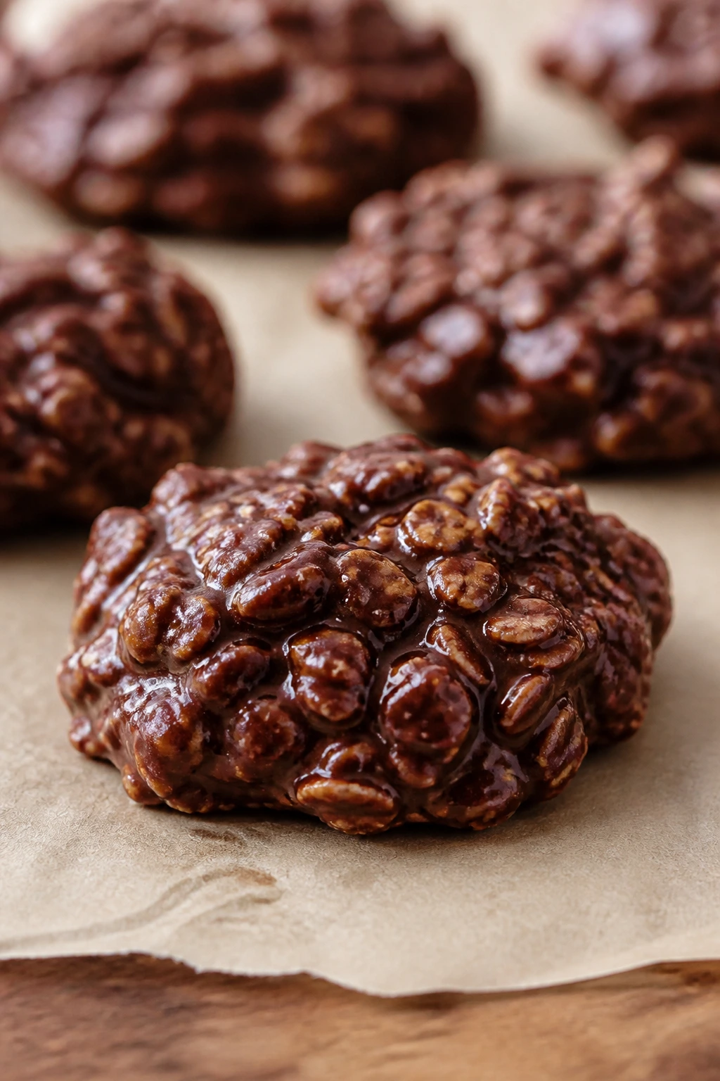 Close-up of no-bake cocoa oat cookies on parchment in a warm kitchen