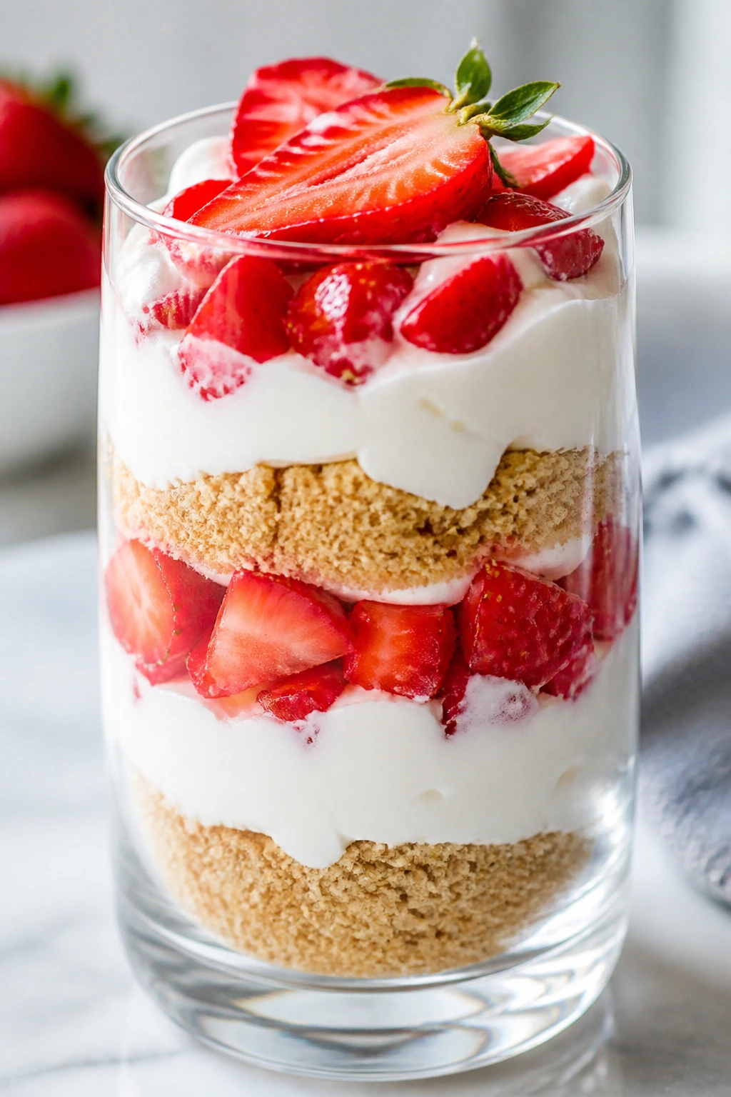 Parfait glass with layered graham crumb, cream cheese, and strawberries