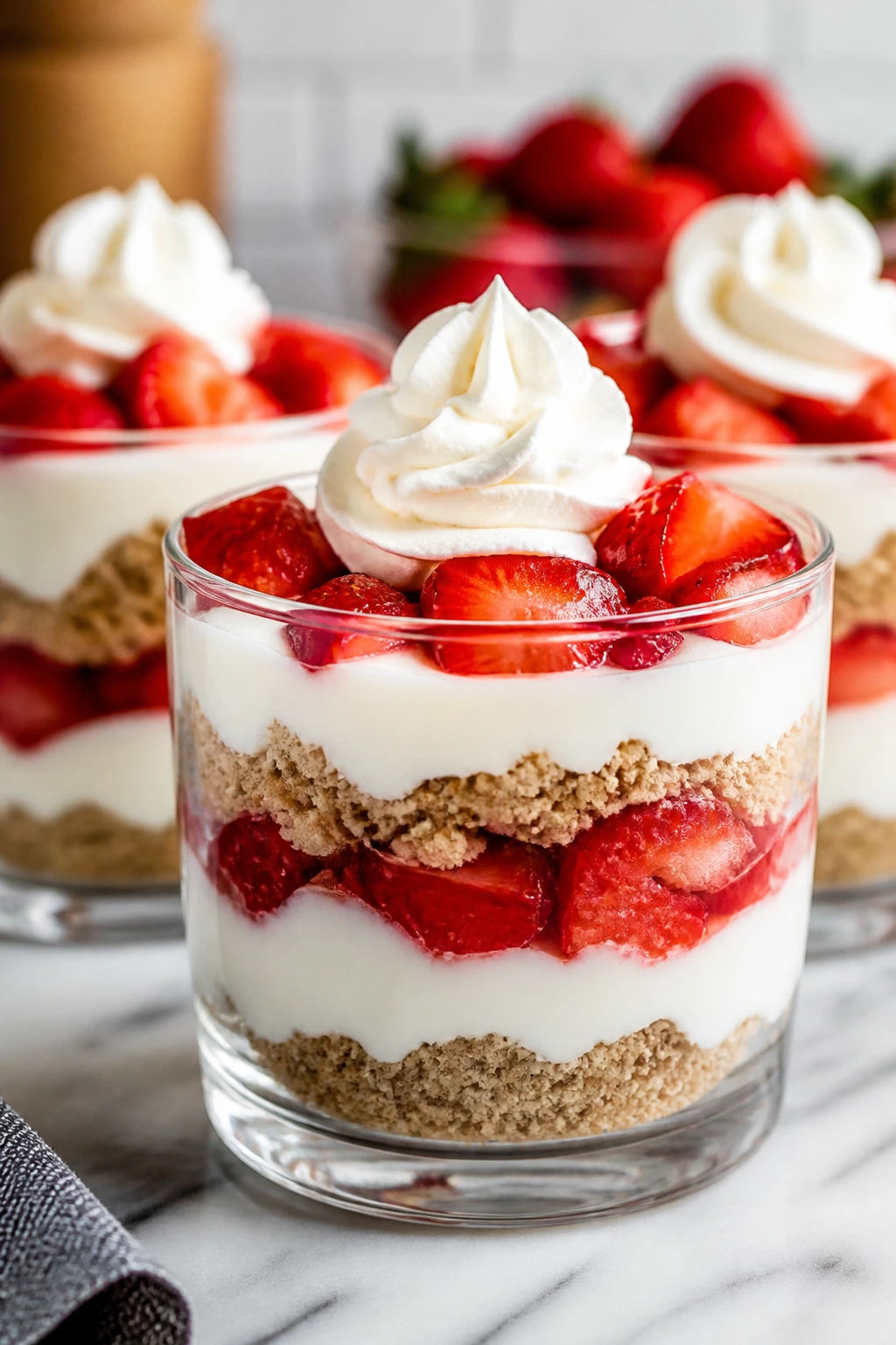 Parfait cups with strawberry cheesecake layers in clear glasses