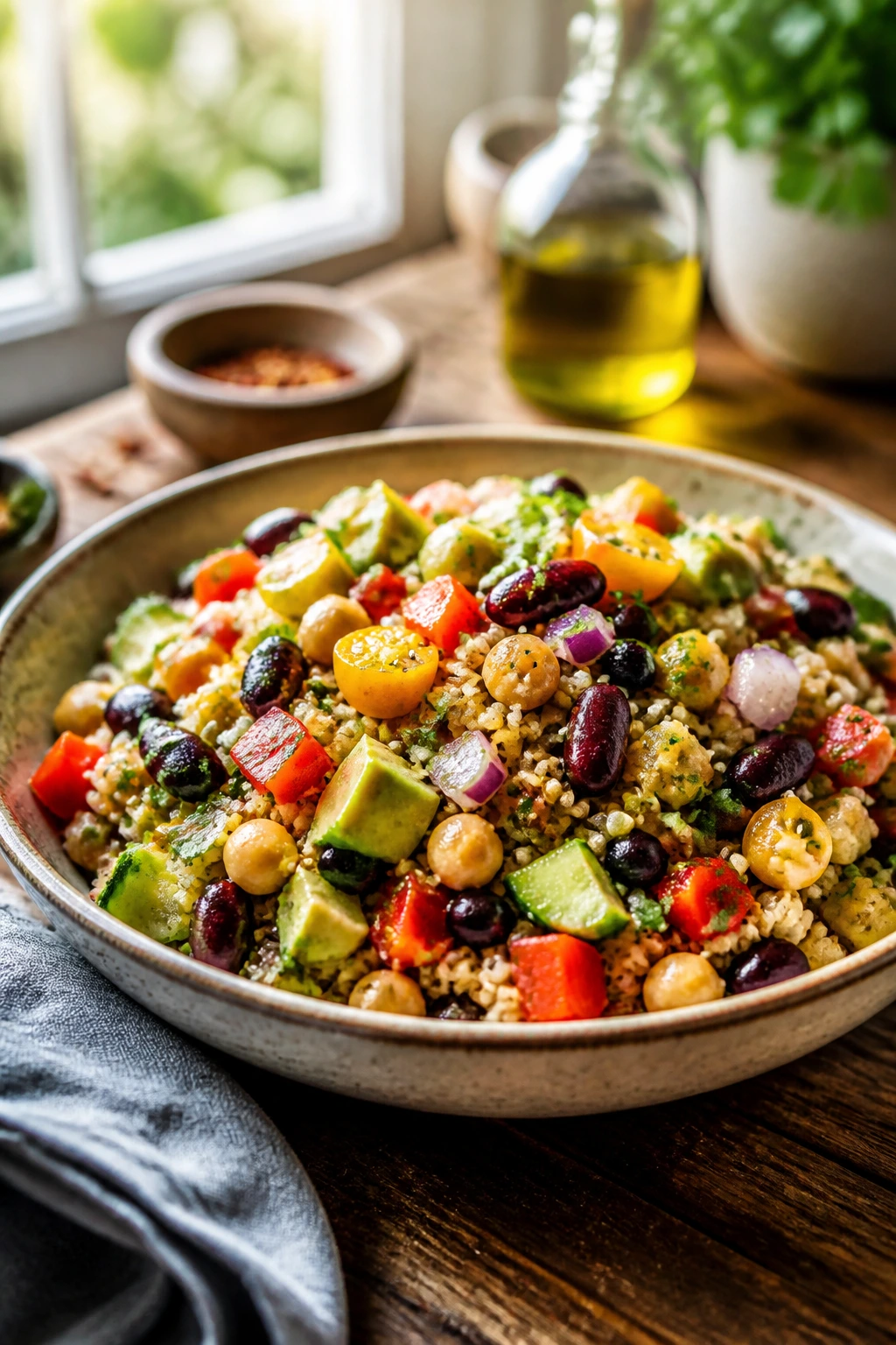 Close-up of a colorful no-bake dinner bowl with beans, grains, and vegetables on a wooden kitchen counter