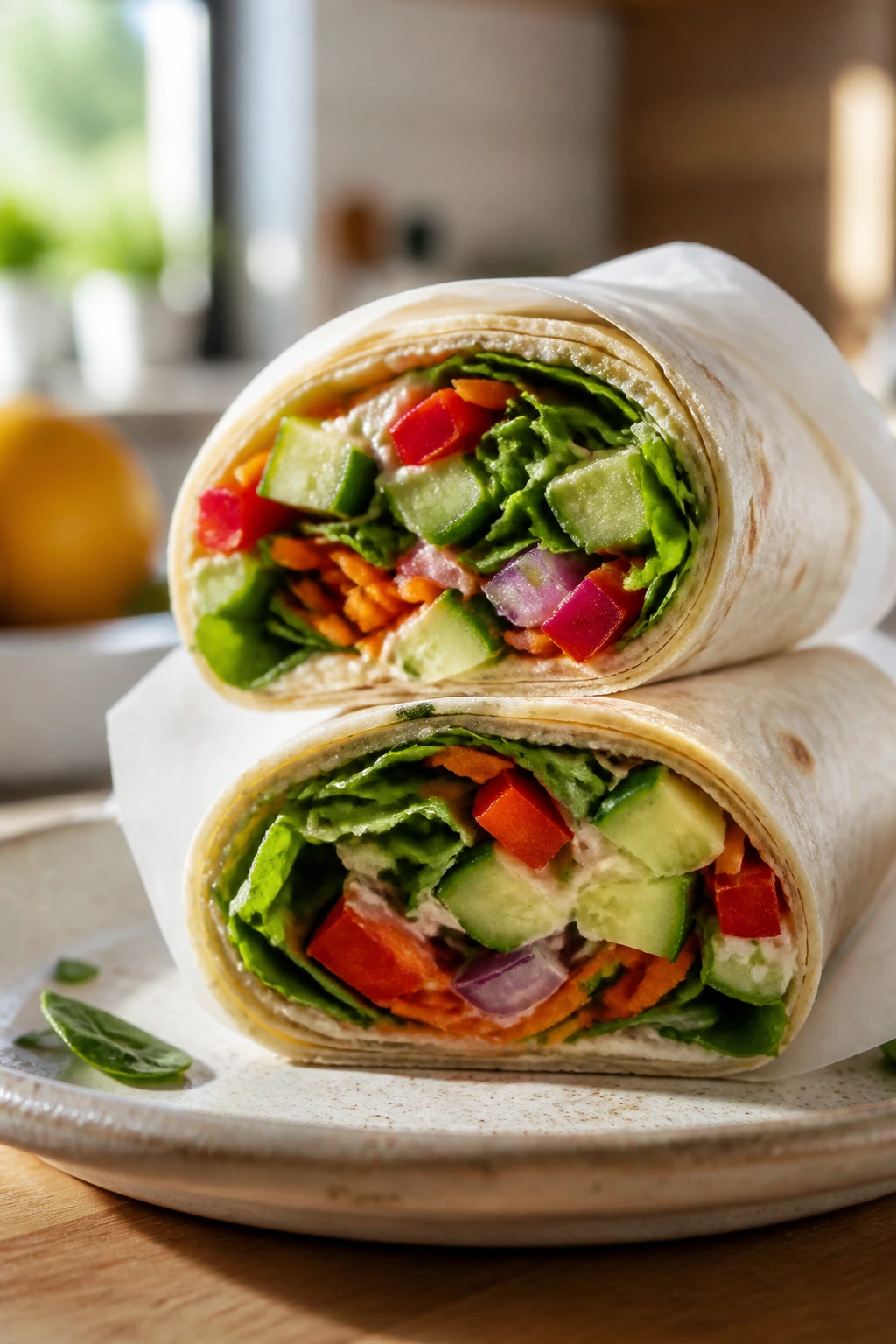 Wrapped veggie wrap on plate