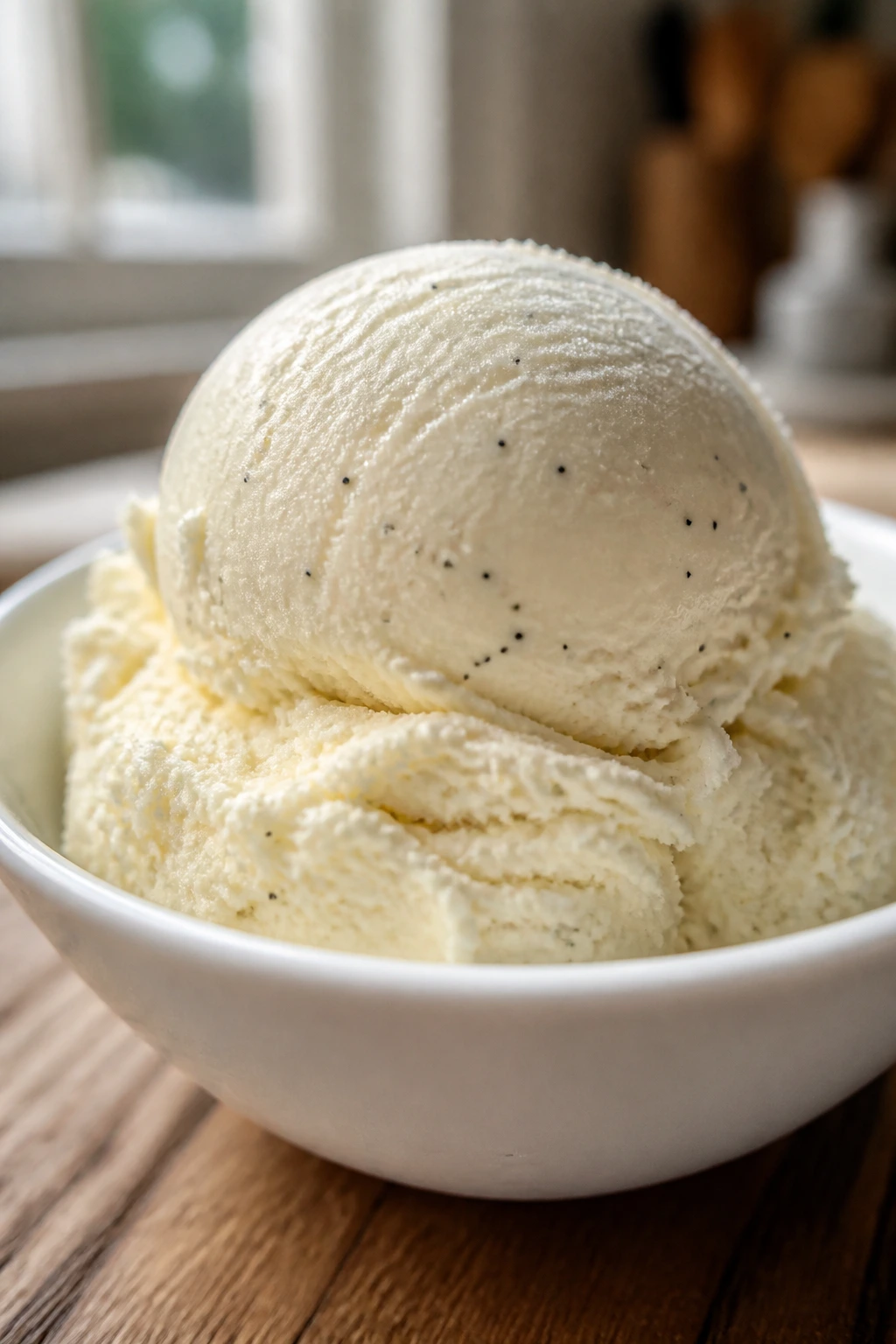 Scoop of vanilla bean ice cream with vanilla flecks in a white bowl.