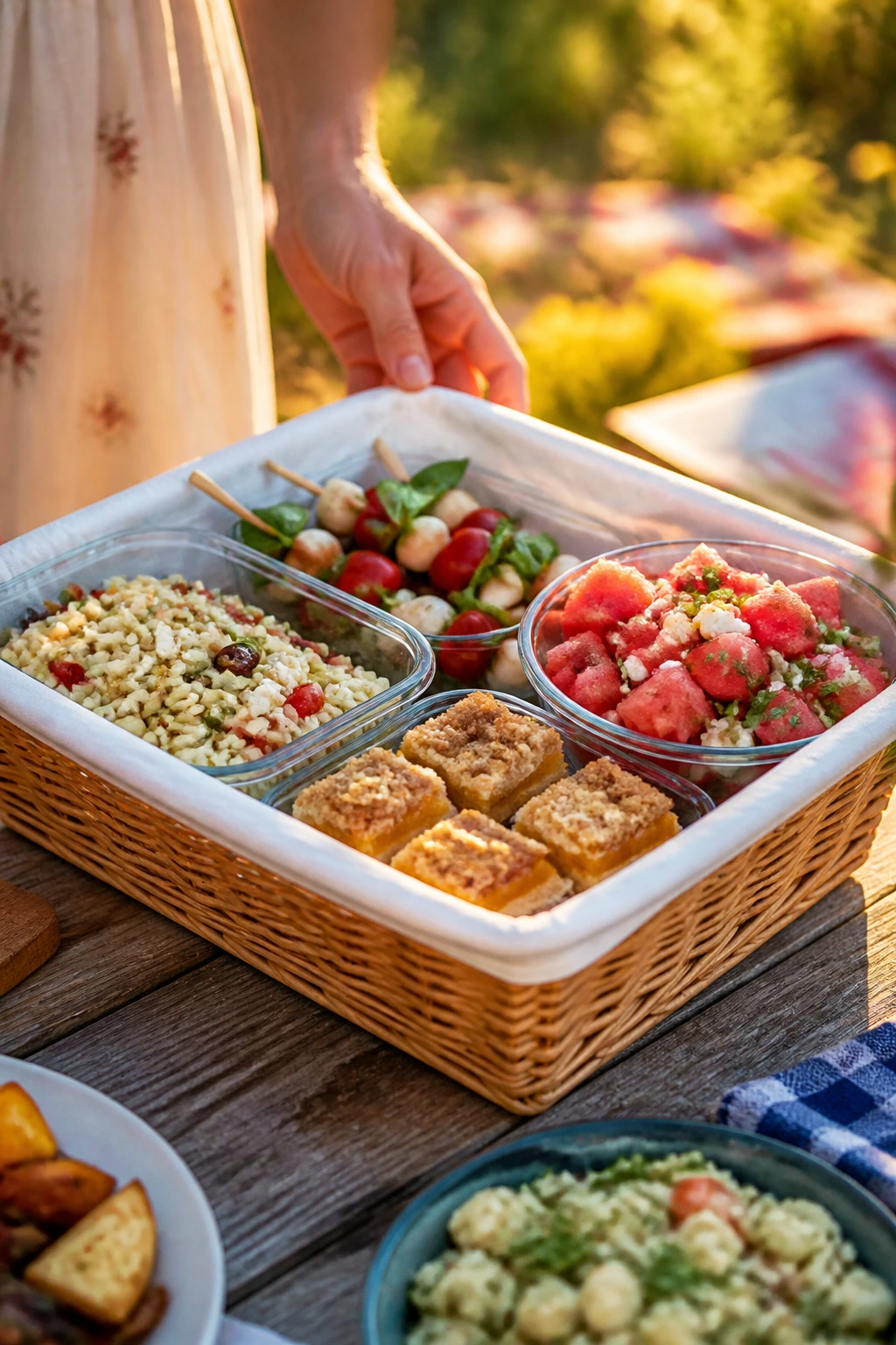 Hand placing no-cook picnic items in a sunny outdoor basket.