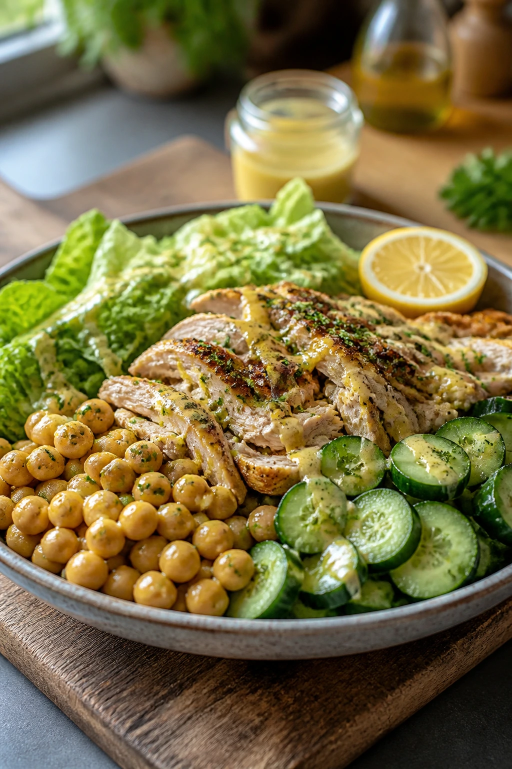 Close-up of a no-cook dinner plate with rotisserie chicken, greens, and chickpeas on a wooden board.