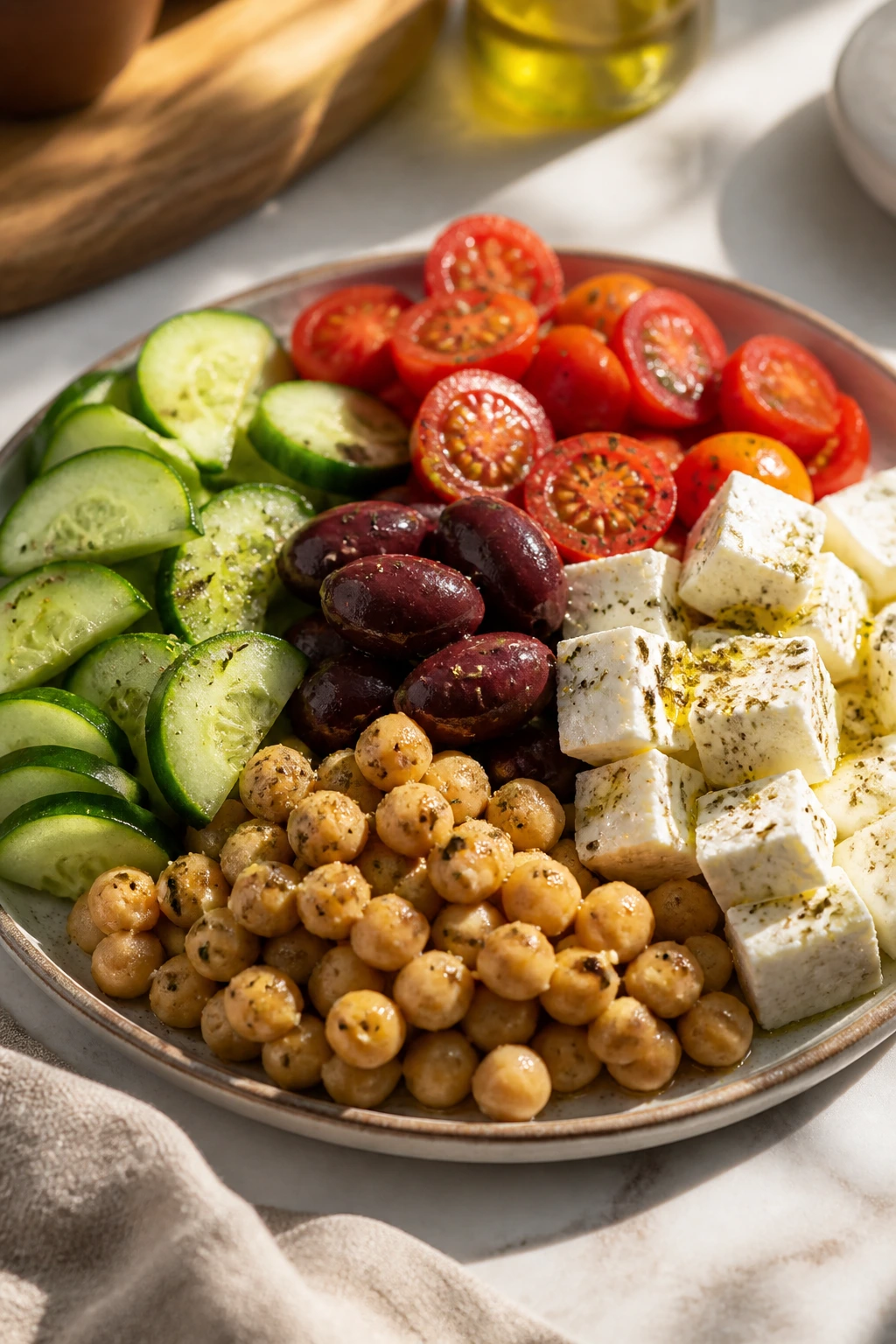 Close-up plate of no-cook dinner ingredients: cucumber, olives, tomatoes, feta, chicpeas