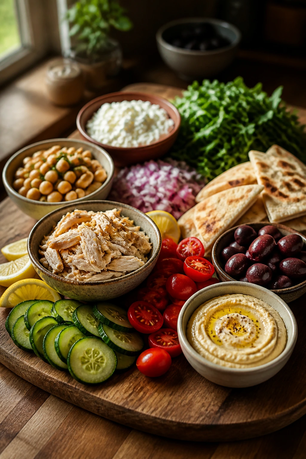 Close-up of a rustic no-cook dinner board on a wooden table, showcasing a ready-to-eat cold dinner