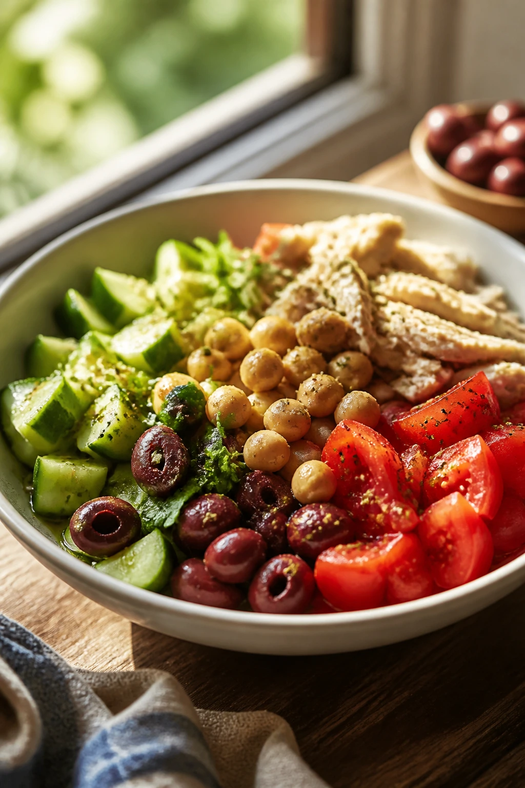 Close-up of a cold no-cook dinner bowl with cucumber, tomatoes, olives and chickpeas on a sunny kitchen table