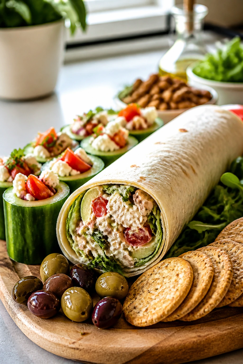 No-cook meals board with wrap and accompaniments on a wooden board.