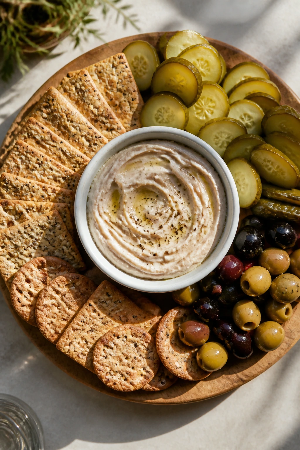Overhead view of no-cook cracker board with bean spread and pickles on a wooden table